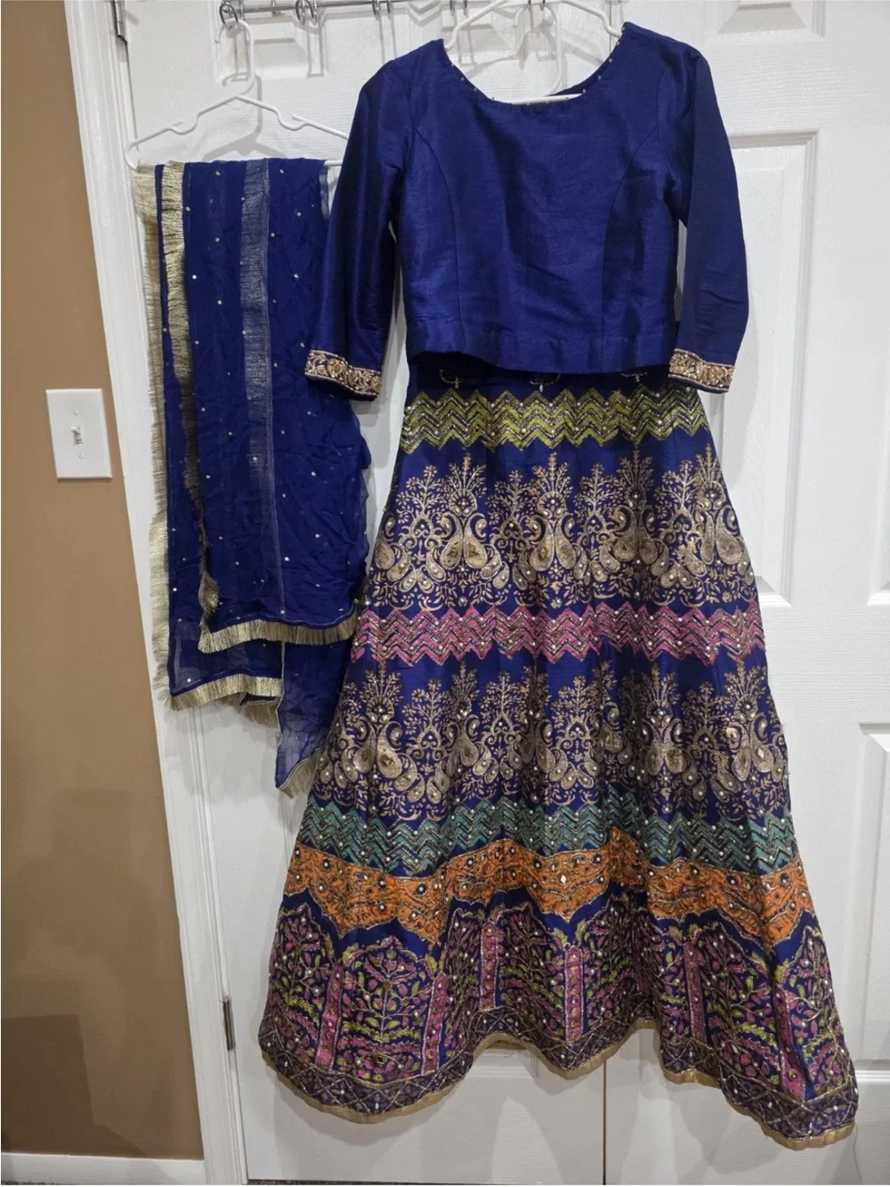 Famous designer Fazia Ahmed Royal Blue Raw Silk 3pc LehngaCholi Set Wedding S